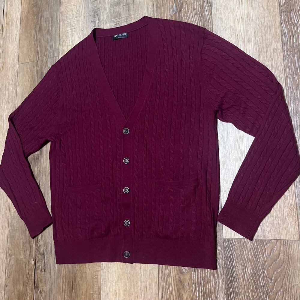 Kallspin Wool Blend Cable Knit Cardigan Sweater XL V-Neck Maroon Grandpa Preppy - Picture 3 of 9
